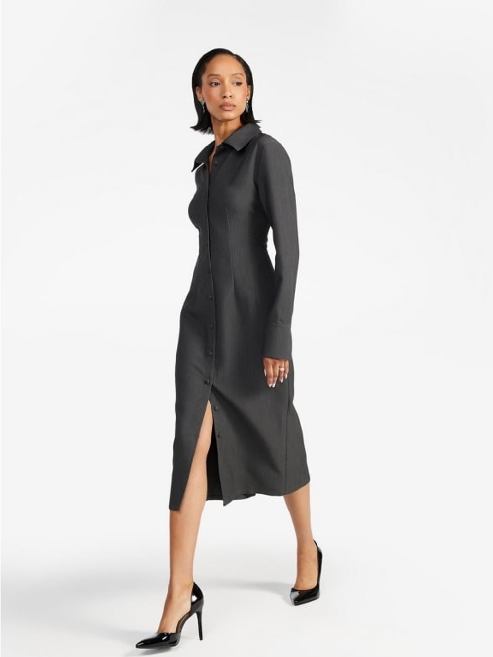 Dark Charcoal Button-Front Long Sleeve Dress